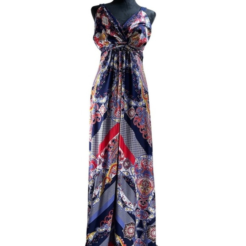 Navy Paisley V-Neck Maxi Dress with Multicolor Print